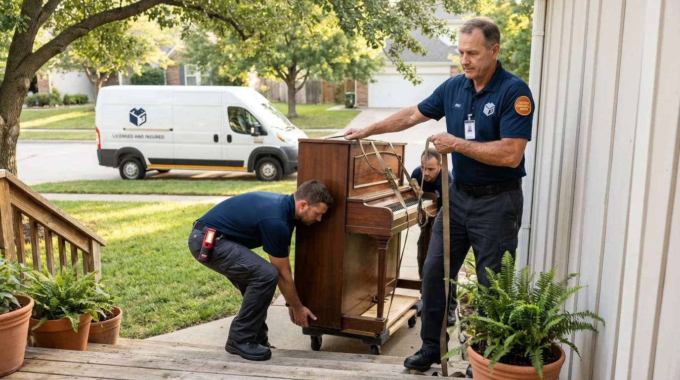 Licensed piano movers securing grand piano in Buena Vista, CO