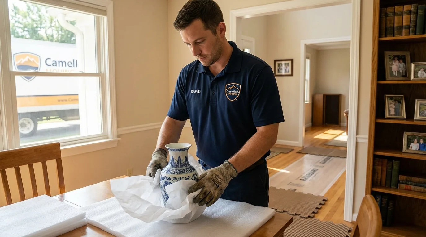 Professional crew carefully wrapping antique vase for senior downsizing move in Buena Vista, CO